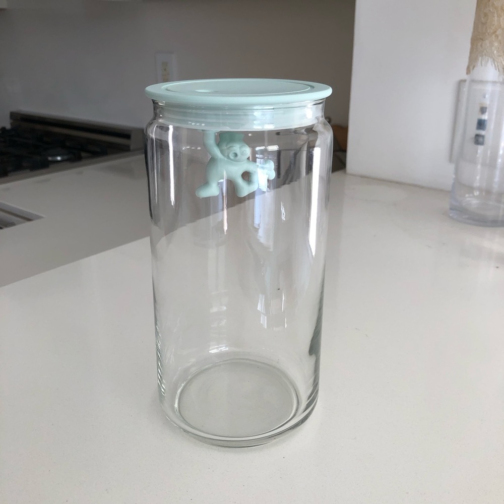 ALESSI Gianni Kitchen Storage Glass Jar Container Man holding on tight NEW Blue